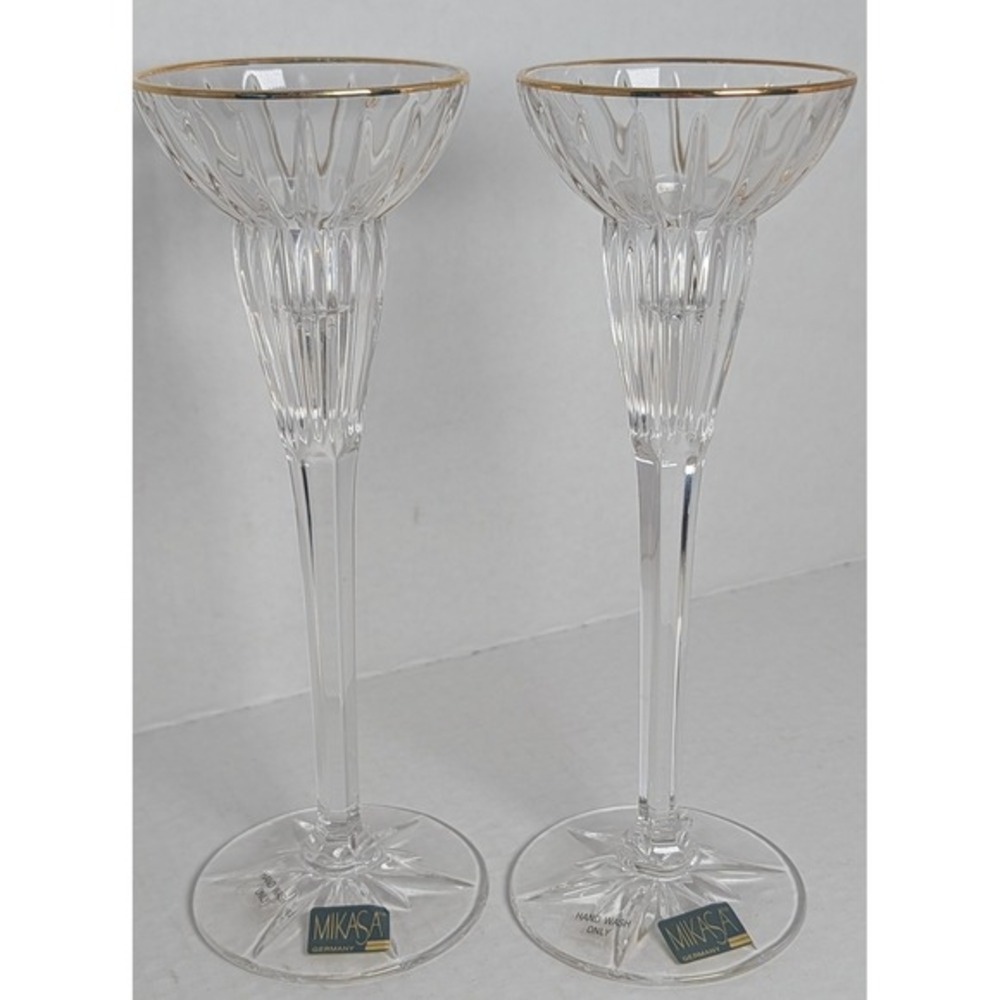 Mikasa Germany Crystal Champagne Glasses Gold‎ Rim Tall Stem Set of 2 Vintage